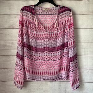 Decree Pink Sheer Geometric Pattern Blouse Swim Cover Up Tie Neck Size M